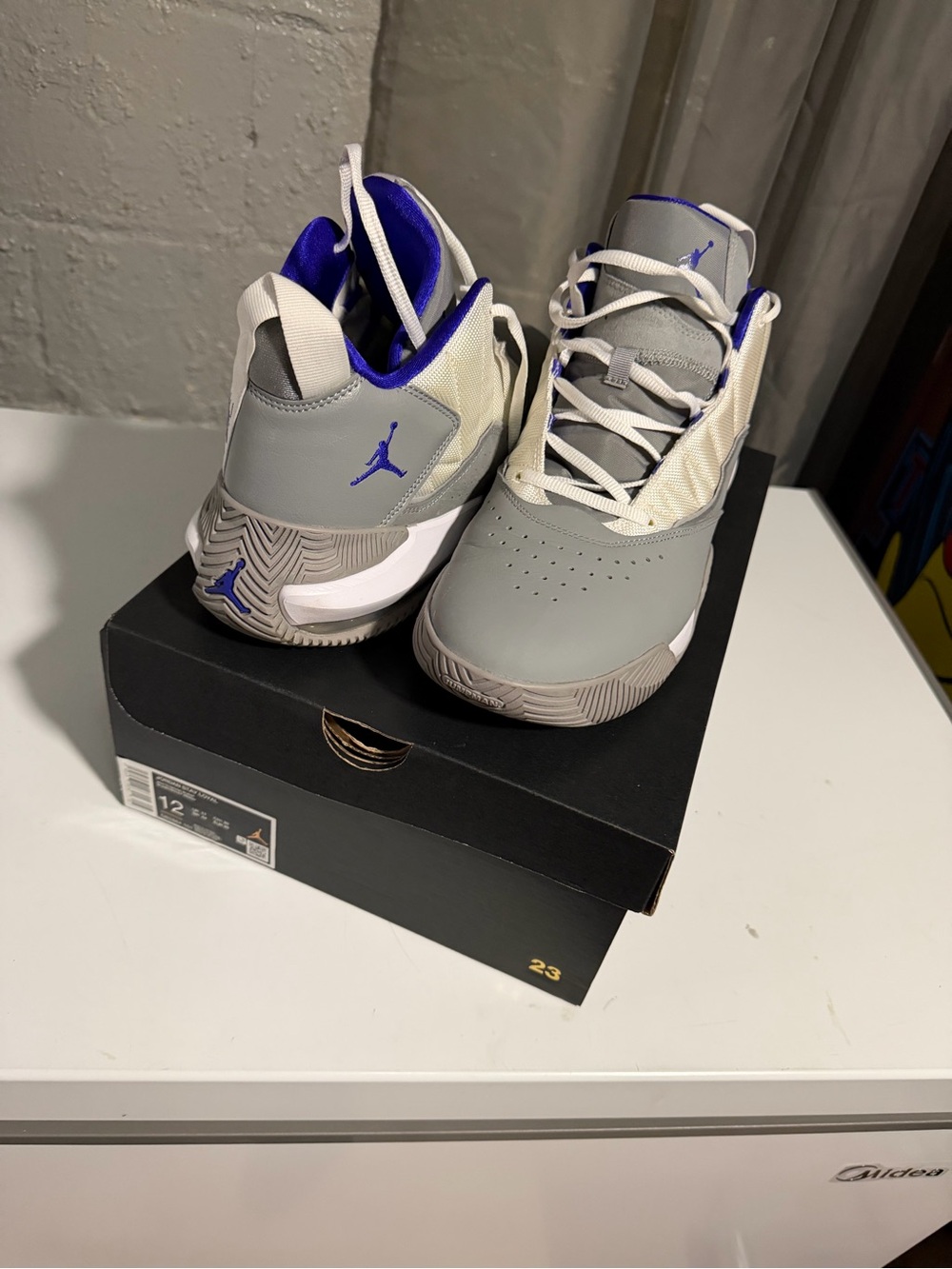 Jordan Grey and Purple High-Top Basketball Shoes